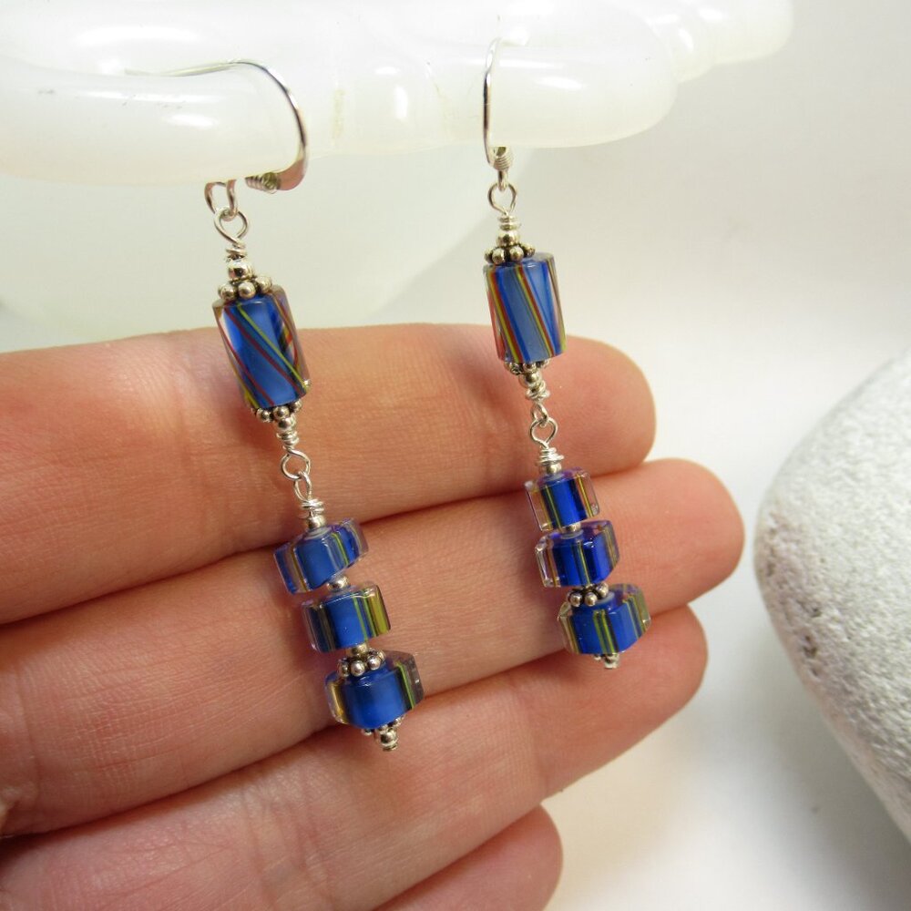 Blue cane glass dangle earrings